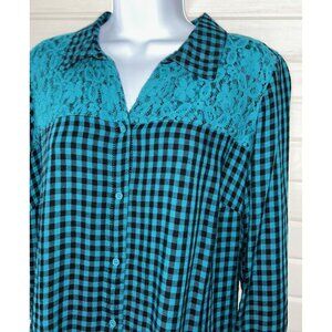 CJ Banks Sz PLUS X Green Black Gingham Button Tunic Shirt Lace Trim EUC